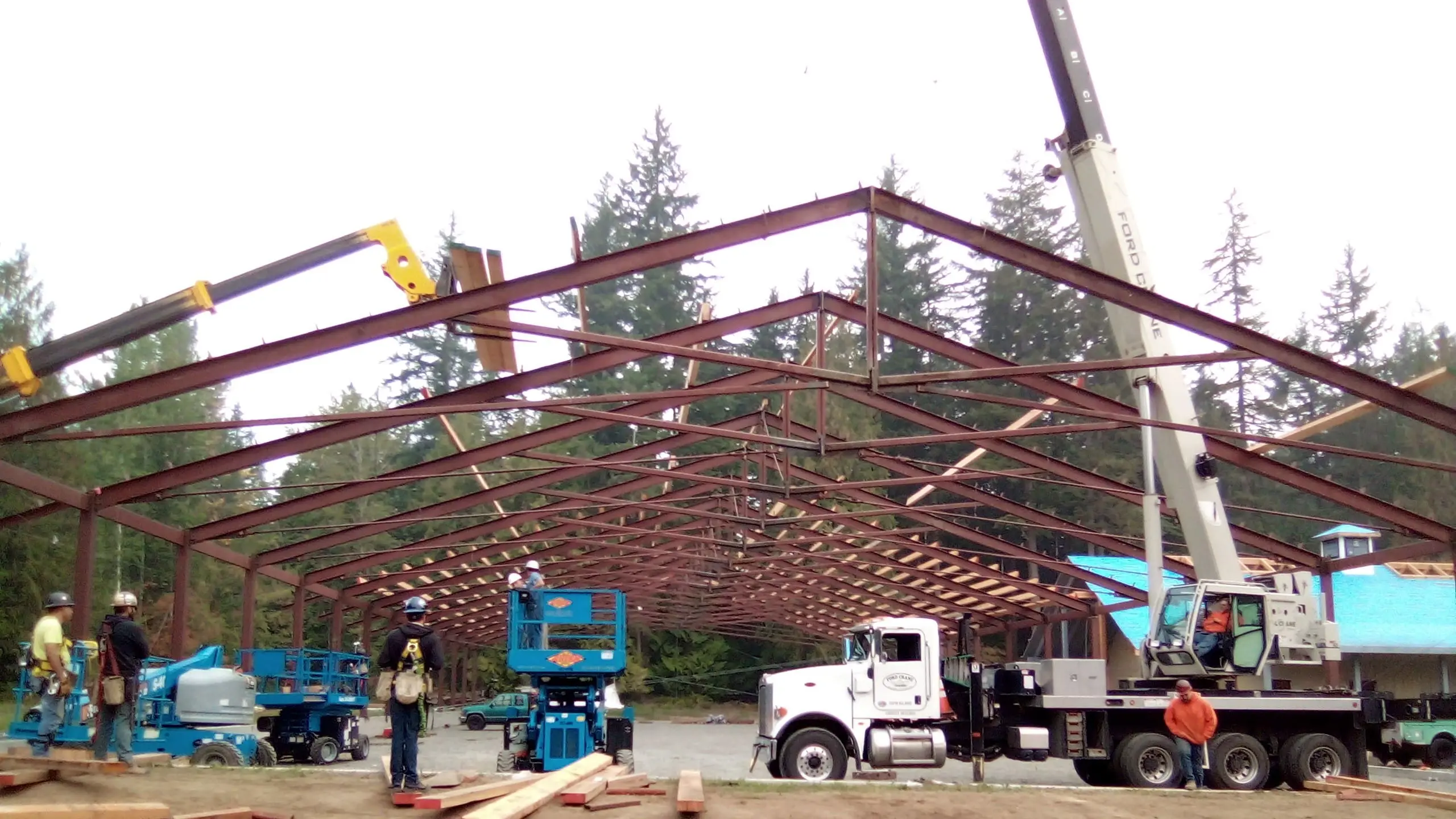 A worksite with steal beam frame forming a room